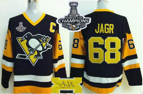 Penguins #68 Jaromir Jagr Black CCM Throwback Autographed Stanley Cup Finals Champions Stitched NHL Jersey